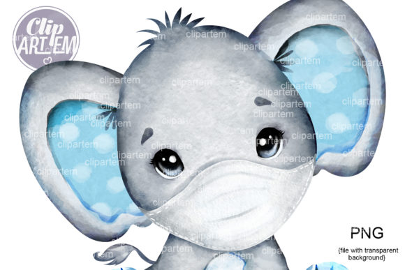 Blue Boy Elephant in Mask PNG Watercolor Illustrations
