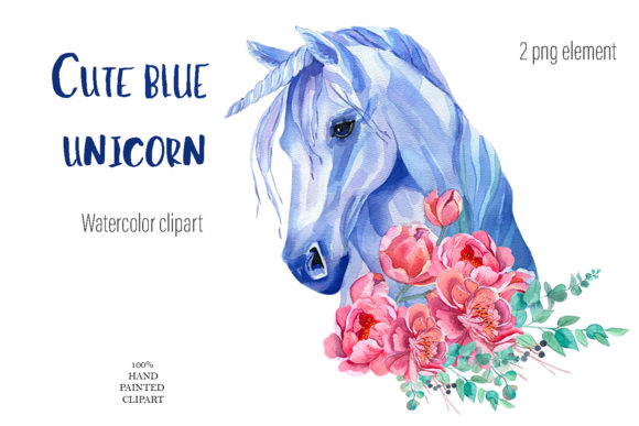 Cute Blue Unicorn Clipart Watercolor
