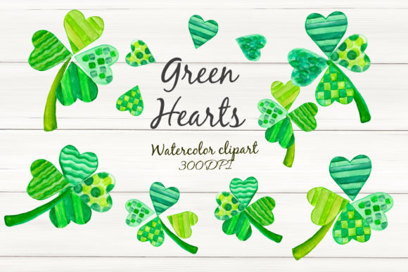 Green Hearts Irish Clover Watercolor