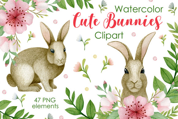 Watercolor Cute Bunnies Clipart and Illustrations