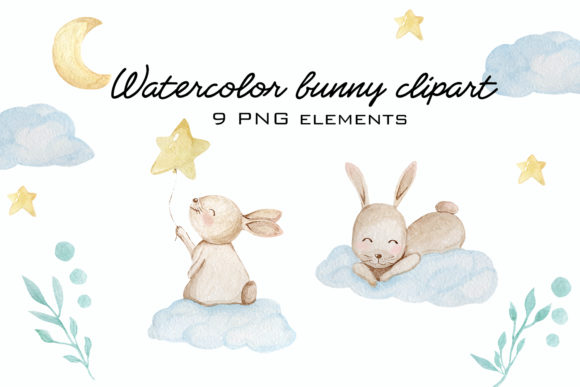 Watercolor Cute Bunny Clipart PNG and Illustrations