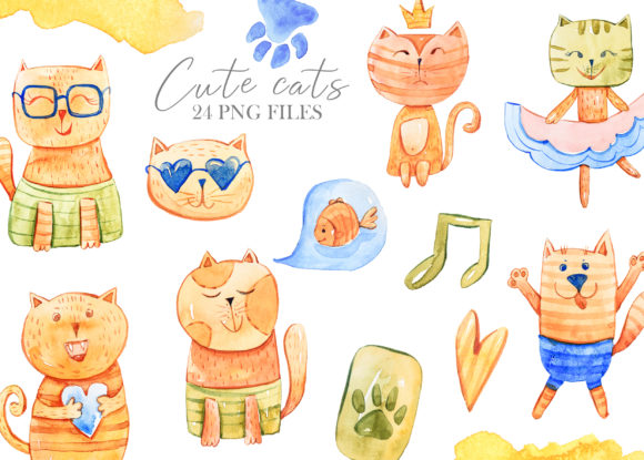 Watercolor Cute Cats Clipart and Illustrations