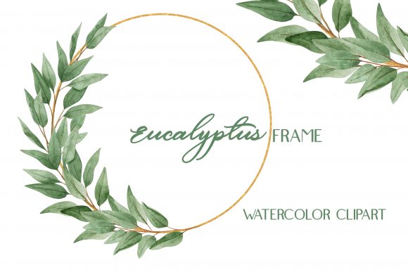 Watercolor Eucalyptus Gold Frame Clipart and Illustrations