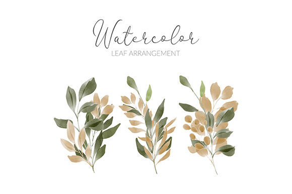 Watercolor Golden Leaf Arrangement Set and Illustrations