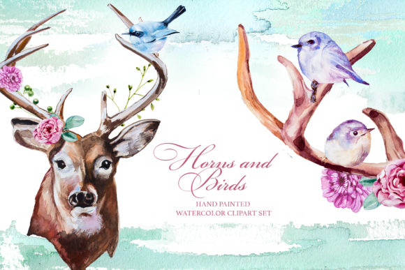 Watercolor Horns and Birds Clipart Set for Illustrations
