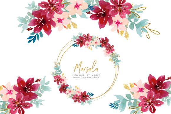 Watercolor Marsala Flowers Clipart and Illustrations