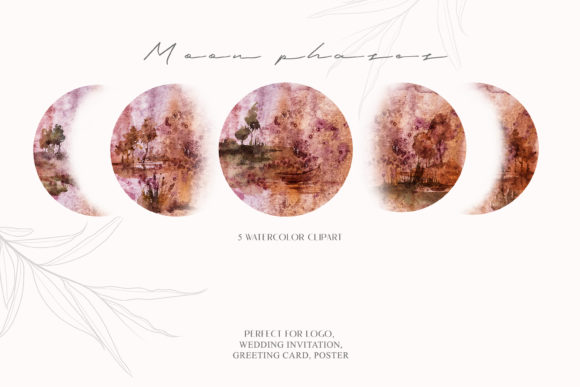 Watercolor Moon Phases Clipart. Abstract Illustrations