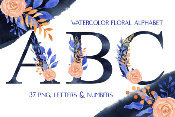 Watercolor Navy Blue Floral Alphabet Illustrations