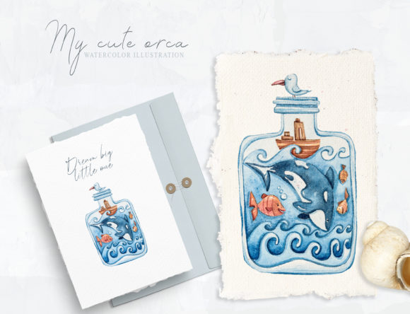 Watercolor Nursery Killer Whale Clipart and Illustrations
