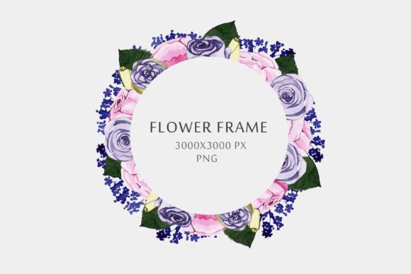 Watercolor Round Floral Frame Rose Blue Illustrations