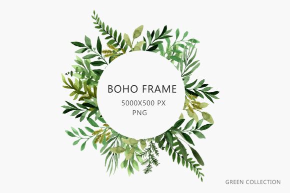 Watercolor Round Frame with Green Leaves: Organic Illustrations