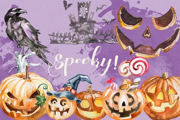 Watercolor Spooky Clipart Set: Premium Illustrations