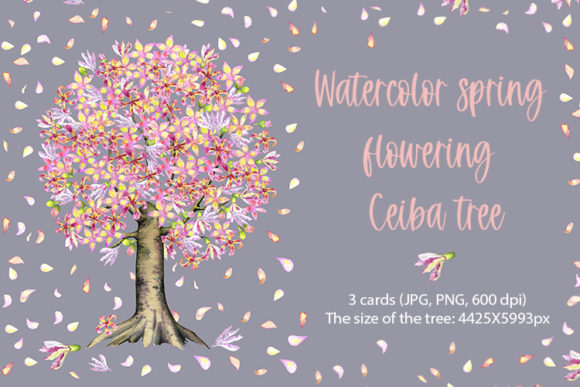 Watercolor Spring Flowering Ceiba Tree Illustrations