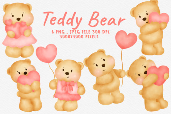 Watercolor Teddy Bear Bundle Clipart and Illustrations