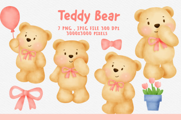 Watercolor Teddy Bear Clipart Bundle and Illustrations