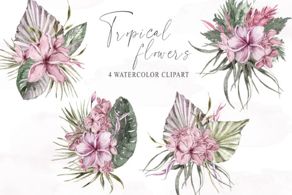 Watercolor Tropical Bouquets Clipart and Illustrations