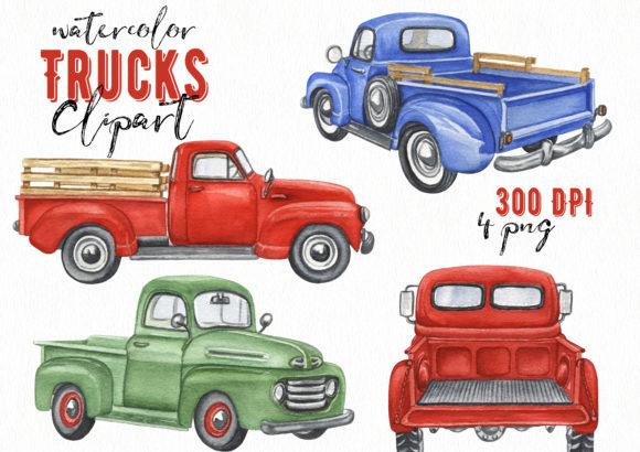 Watercolor Trucks Clipart. Retro Car