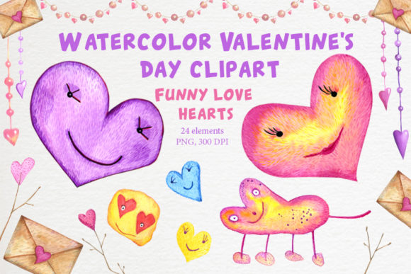 Watercolor Valentine's Day Clipart. Love