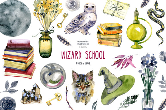 Watercolor Wizard School Clipart